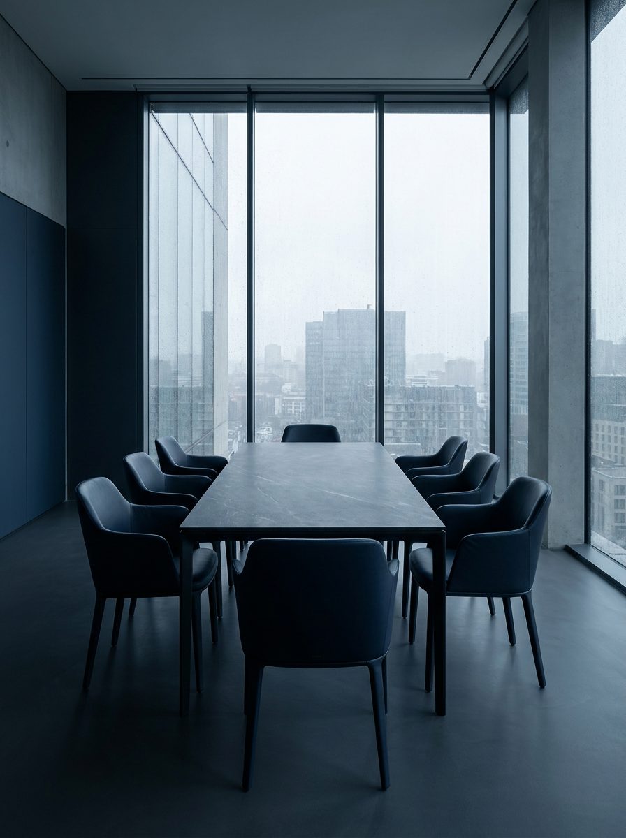 Boardroom with a stone table before a full-height window over the city